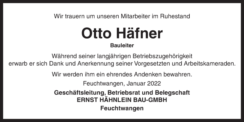  Traueranzeige für Otto Häfner vom 12.01.2022 aus Dinkelsbühl/ Feuchtwangen