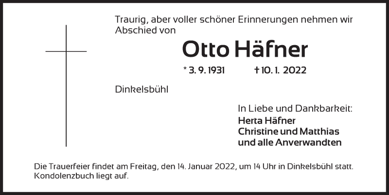  Traueranzeige für Otto Häfner vom 12.01.2022 aus Dinkelsbühl/ Feuchtwangen