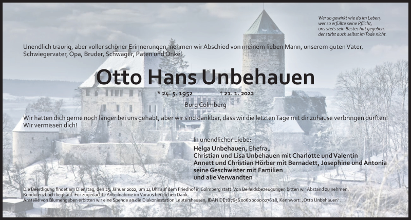  Traueranzeige für Otto Hans Unbehauen vom 24.01.2022 aus Ansbach