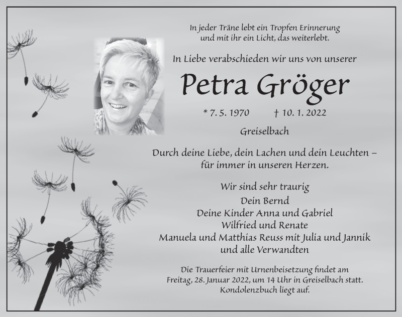  Traueranzeige für Petra Gröber vom 25.01.2022 aus Dinkelsbühl/ Feuchtwangen