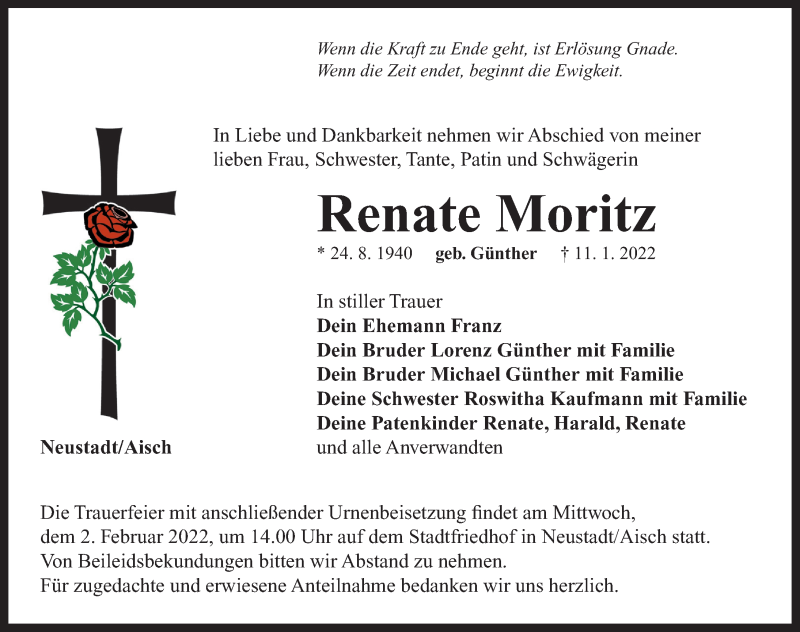  Traueranzeige für Renate Moritz vom 29.01.2022 aus Neustadt/ Scheinfeld/ Uffenheim