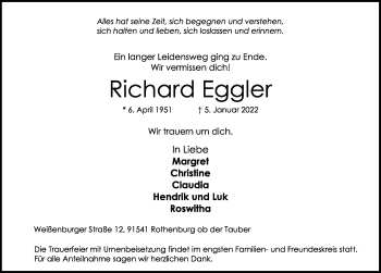 Traueranzeige von Richard Eggler von Rothenburg