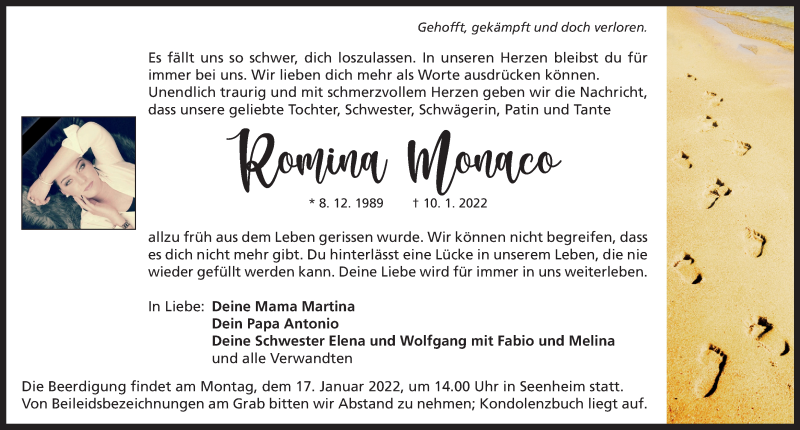  Traueranzeige für Romina Monaco vom 14.01.2022 aus Neustadt/ Scheinfeld/ Uffenheim