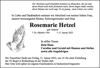 Traueranzeige von Rosemarie Hetzel von Rothenburg