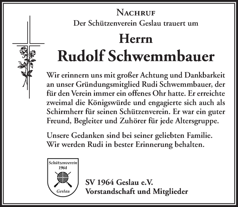  Traueranzeige für Rudolf Schwemmbauer vom 18.01.2022 aus Rothenburg