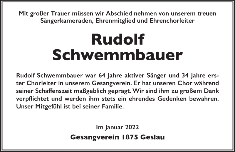  Traueranzeige für Rudolf Schwemmbauer vom 18.01.2022 aus Rothenburg