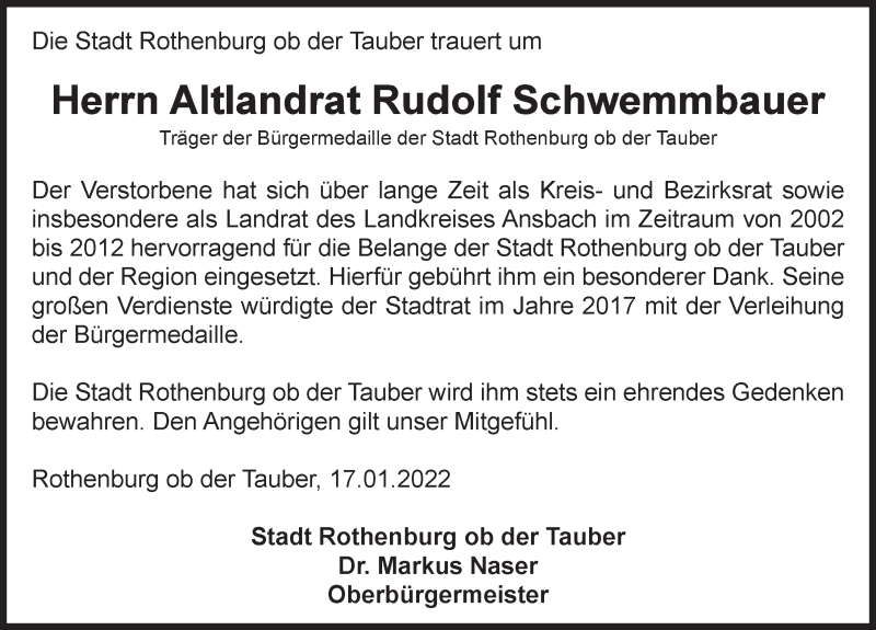  Traueranzeige für Rudolf Schwemmbauer vom 19.01.2022 aus Rothenburg