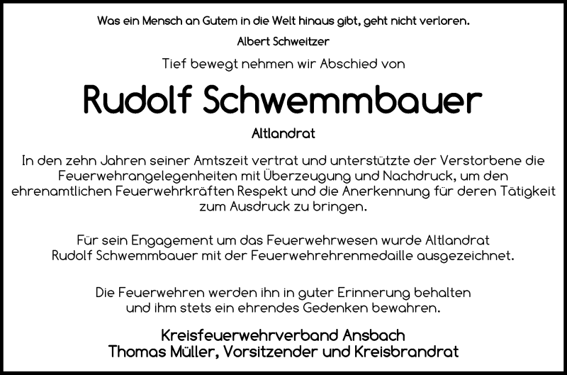  Traueranzeige für Rudolf Schwemmbauer vom 18.01.2022 aus GE