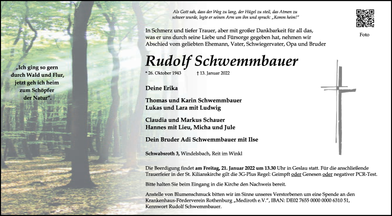  Traueranzeige für Rudolf Schwemmbauer vom 18.01.2022 aus GE