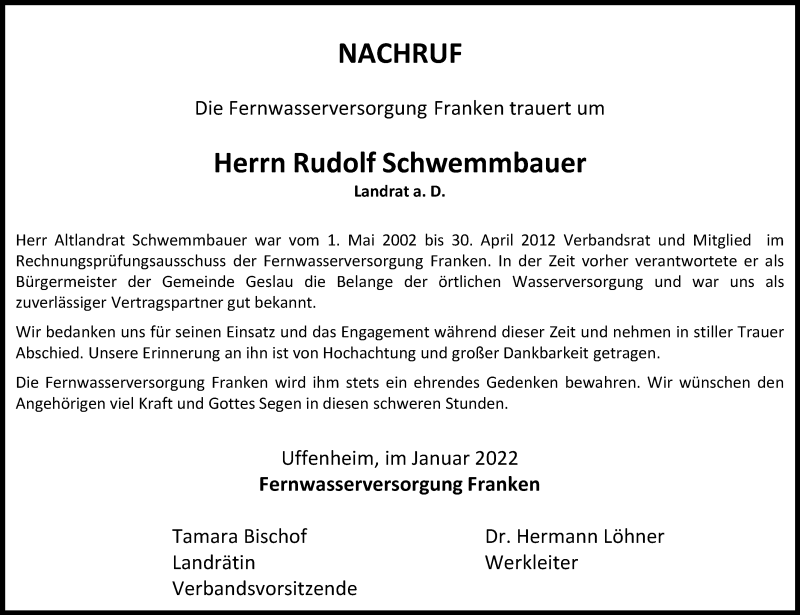  Traueranzeige für Rudolf Schwemmbauer vom 21.01.2022 aus GE