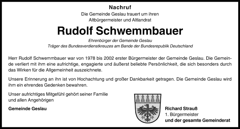  Traueranzeige für Rudolf Schwemmbauer vom 18.01.2022 aus GE