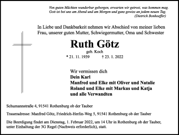 Traueranzeige von Ruth Götz von Rothenburg