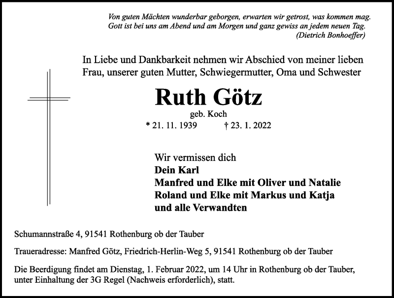  Traueranzeige für Ruth Götz vom 29.01.2022 aus Rothenburg
