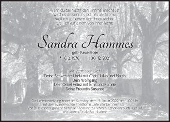 Traueranzeige von Sandra Hammes von Ansbach