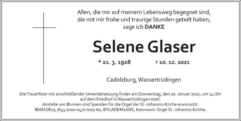  Traueranzeige für Selene Glaser vom 15.01.2022 aus Dinkelsbühl/ Feuchtwangen