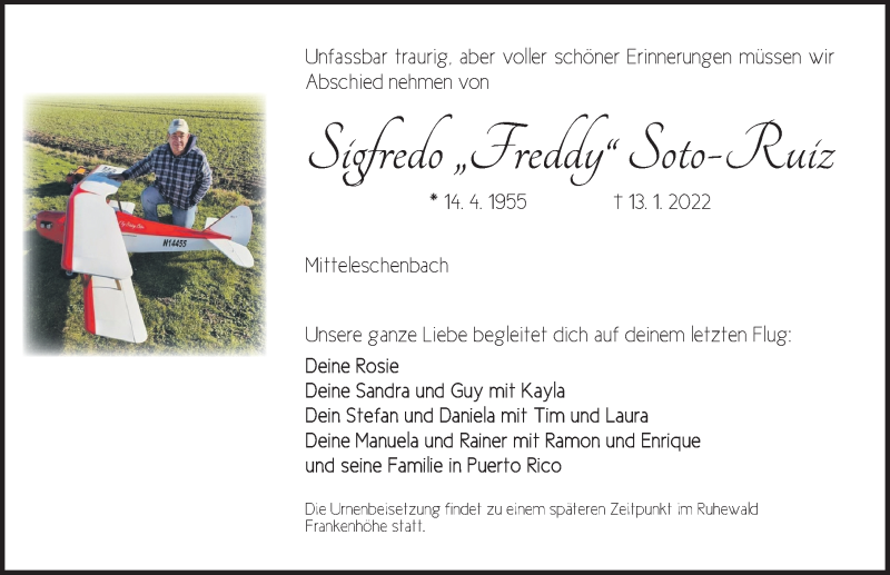  Traueranzeige für Sigfredo Soto-Ruiz vom 22.01.2022 aus Ansbach