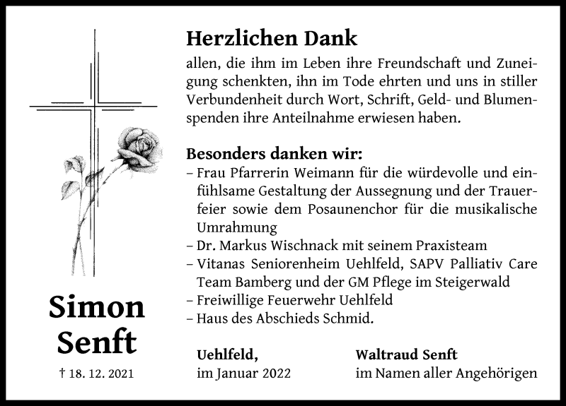  Traueranzeige für Simon Senft vom 15.01.2022 aus Neustadt/ Scheinfeld/ Uffenheim