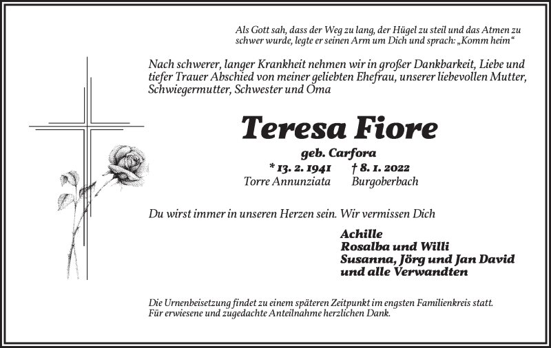  Traueranzeige für Teresa Fiore vom 19.01.2022 aus Ansbach