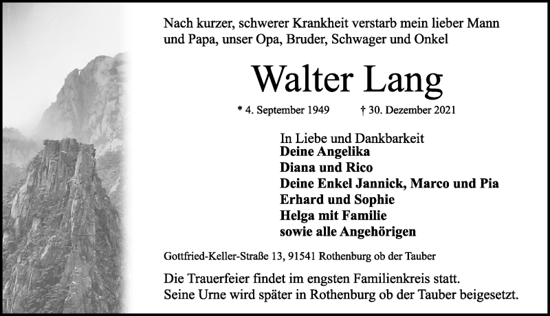  Traueranzeige für Walter Lang vom 04.01.2022 aus Rothenburg