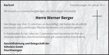 Traueranzeige von Werner Berger von Dinkelsbühl/ Feuchtwangen