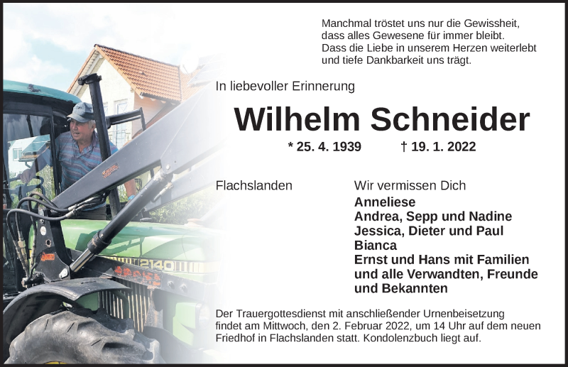  Traueranzeige für Wilhelm Schneider vom 29.01.2022 aus Ansbach