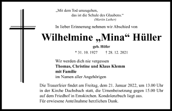 Traueranzeige von Wilhelmine Hüller von Neustadt/ Scheinfeld/ Uffenheim