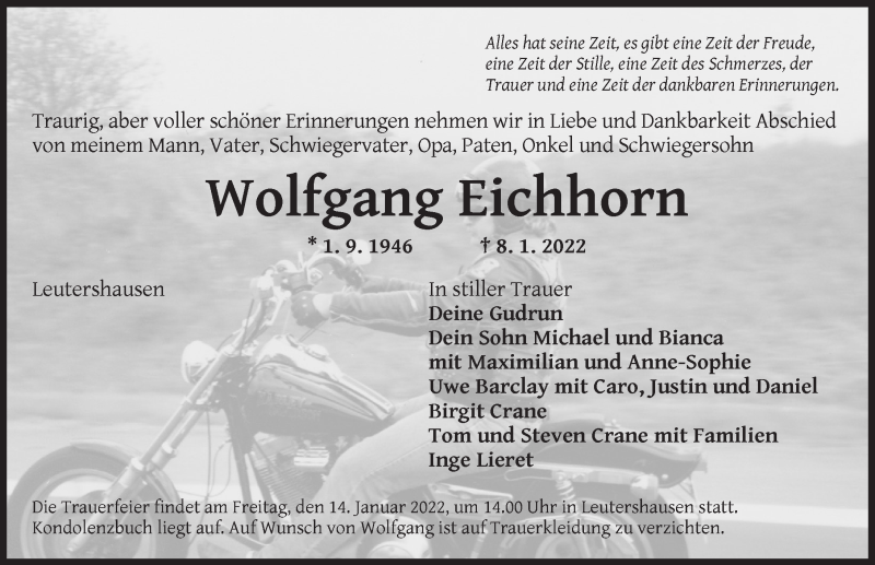  Traueranzeige für Wolfgang Eichhorn vom 12.01.2022 aus Ansbach