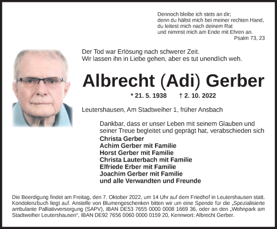 Traueranzeige von Albrecht Gerber von Ansbach