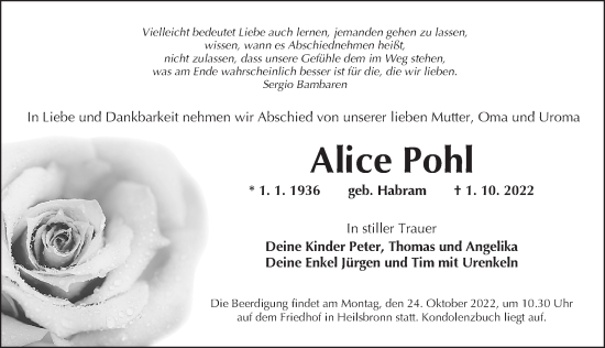 Traueranzeige von Alice Pohl von Ansbach