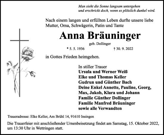 Traueranzeige von Anna Bräuninger von Rothenburg