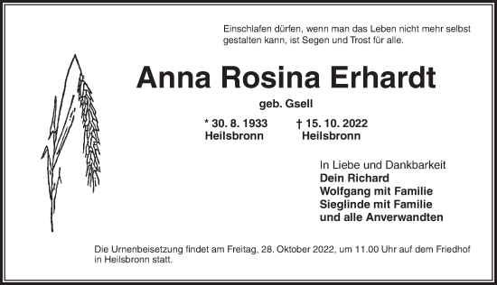 Traueranzeige von Anna Rosina Erhardt von Ansbach