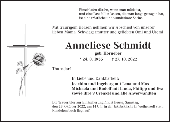 Traueranzeige von Anneliese Schmidt von Ansbach