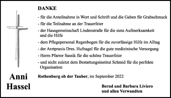 Traueranzeige von Anni Hassel von Rothenburg