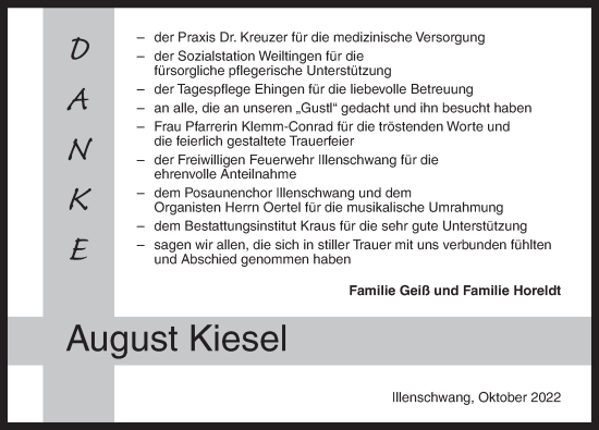 Traueranzeige von August Kiesel von Dinkelsbühl/ Feuchtwangen