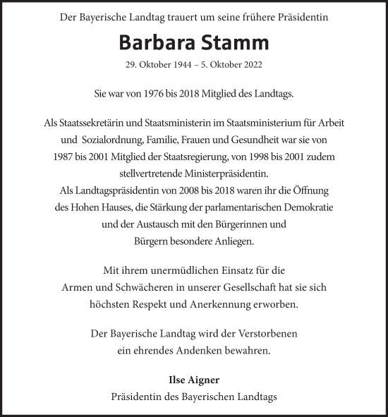 Traueranzeige von Barbara Stamm von GE