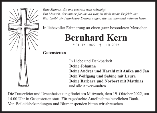 Traueranzeige von Bernhard Kern von Neustadt/ Scheinfeld/ Uffenheim