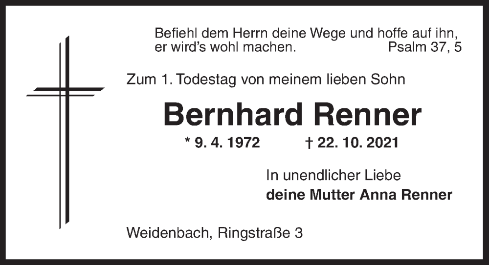  Traueranzeige für Bernhard Renner vom 22.10.2022 aus Ansbach