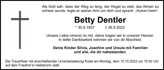 Traueranzeige von Betty Dentler von Ansbach