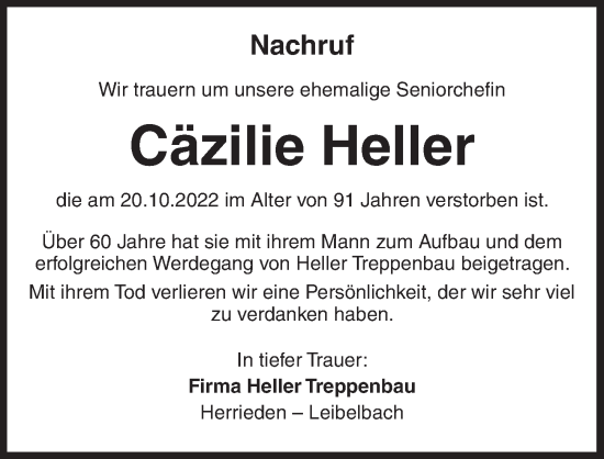 Traueranzeige von Cäzilie Heller von Ansbach