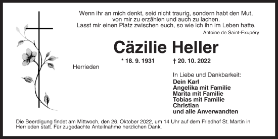 Traueranzeige von Cäzilie Heller von Ansbach