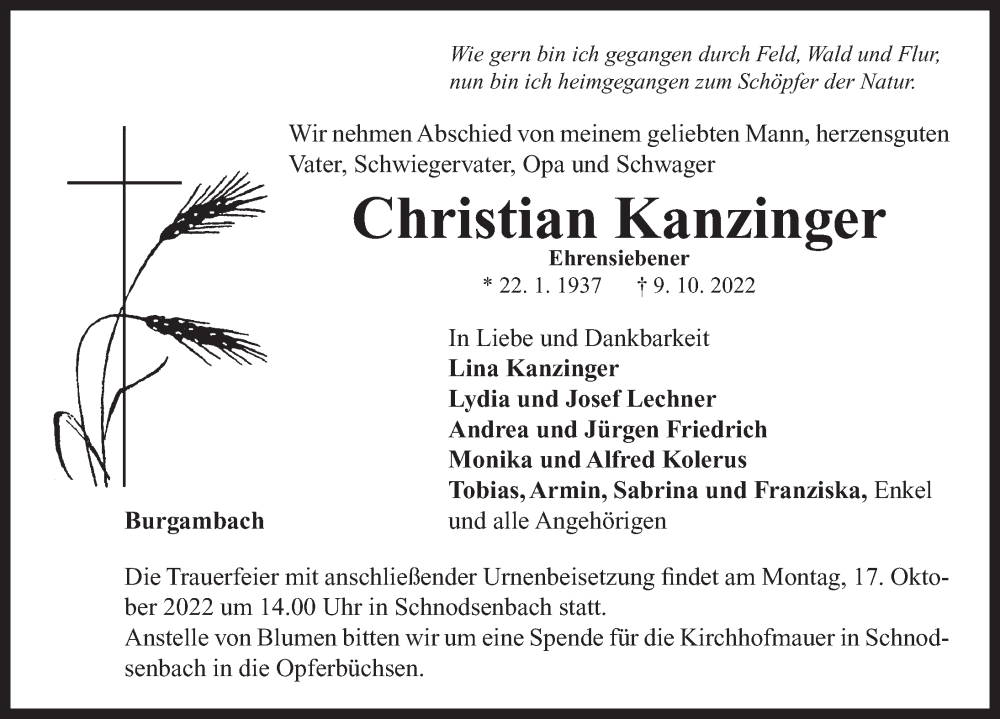  Traueranzeige für Christian Kanzinger vom 14.10.2022 aus Neustadt/ Scheinfeld/ Uffenheim