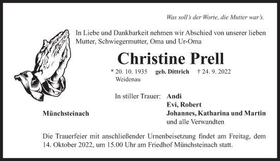 Traueranzeige von Christine Prell von Neustadt/ Scheinfeld/ Uffenheim