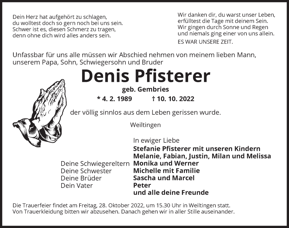  Traueranzeige für Denis Pfisterer vom 27.10.2022 aus Dinkelsbühl/ Feuchtwangen