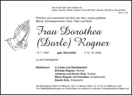 Traueranzeige von Dorothea Rogner von Ansbach