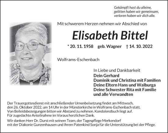 Traueranzeige von Elisabeth Bittel von Ansbach