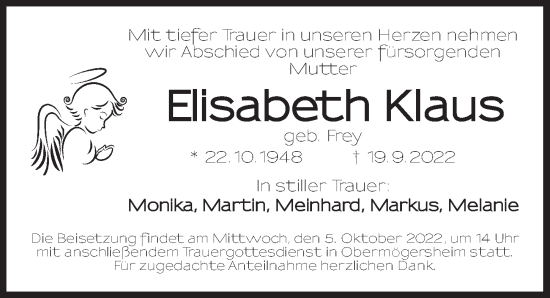Traueranzeige von Elisabeth Klaus von Dinkelsbühl/ Feuchtwangen