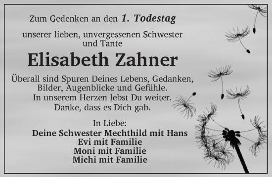 Traueranzeige von Elisabeth Zahner von Dinkelsbühl/ Feuchtwangen