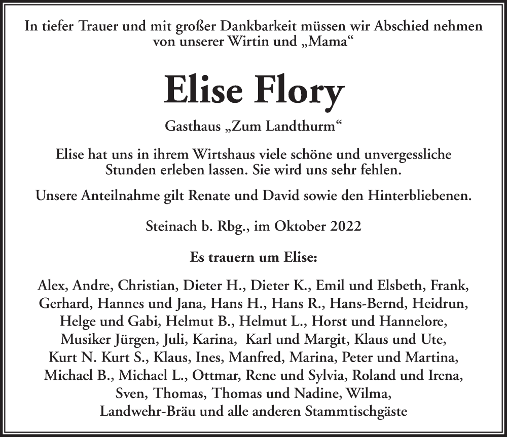  Traueranzeige für Elise Flory vom 28.10.2022 aus Rothenburg