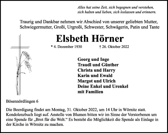 Traueranzeige von Elsbeth Hörner von Rothenburg