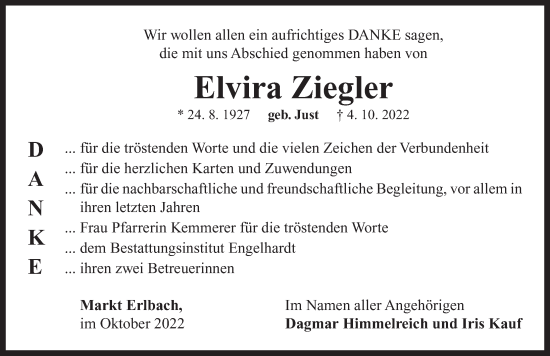 Traueranzeige von Elvira Ziegler von Neustadt/ Scheinfeld/ Uffenheim